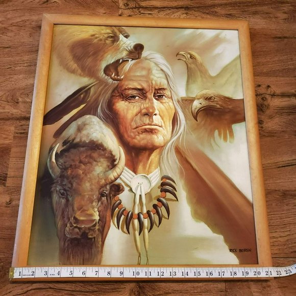 Rick Boren Oil Painting on Canvas, Framed 25x21, American Indian Scene, Animals - Picture 8 of 8